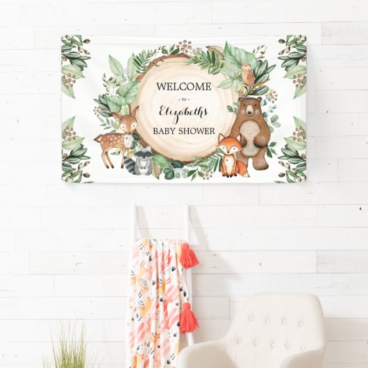 Cute Woodland Greenery Animals Baby shower Welkom Spandoek (Insitu)