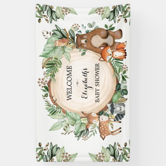Cute Woodland Greenery Animals Baby shower Welkom Spandoek (Verticaal)