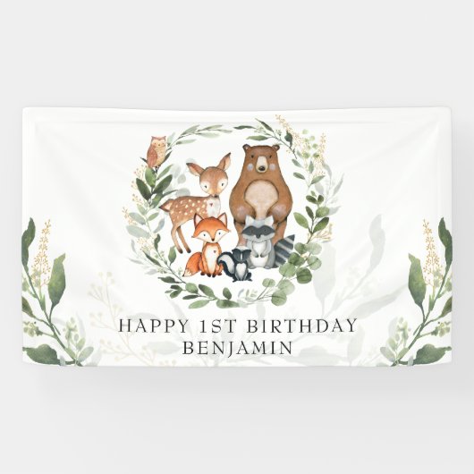 Cute Woodland Greenery Animals Happy Birthday Spandoek (Horizontaal)