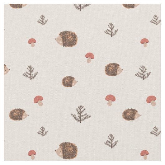 Cute Woodland Hedégel & Mushroom Pattern Stof (Close Up)