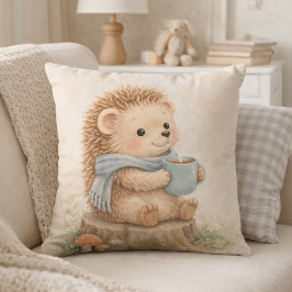 Cute Woodland Hedgehog with Mug Neutral Kids Room Kussen