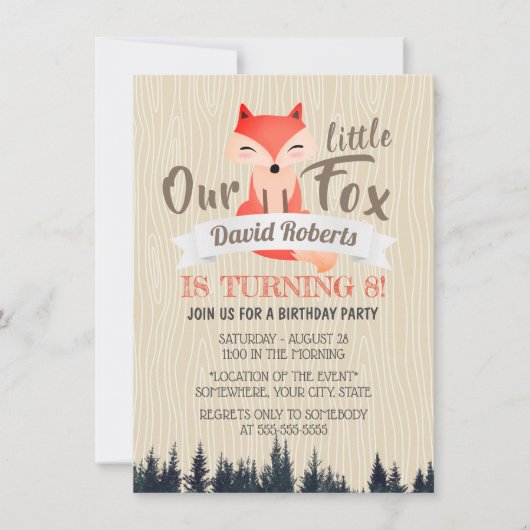 Cute Woodland Little Fox 8th Birthday Party Kaart (Voorkant)