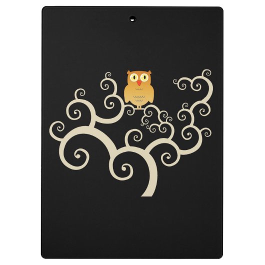 Cute Woodland Oranje Owl Whimsical Tree on Black Klembord (Achterkant)