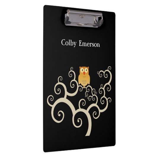 Cute Woodland Oranje Owl Whimsical Tree on Black Klembord (Rechts)