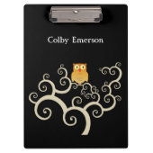 Cute Woodland Oranje Owl Whimsical Tree on Black Klembord (Voorkant)