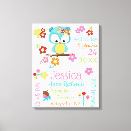 Cute Woodland Owl Baby Girl Birth Record Stats Canvas Afdruk