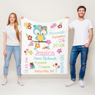 Cute Woodland Owl Baby Girl Birth Record Stats Fleece Deken