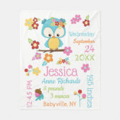 Cute Woodland Owl Baby Girl Birth Record Stats Fleece Deken (Voorkant)