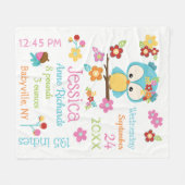 Cute Woodland Owl Baby Girl Birth Record Stats Fleece Deken (Voorkant (Horizontaal))