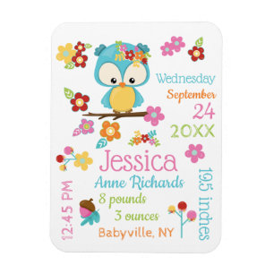 Cute Woodland Owl Baby Girl Birth Record Stats Magneet