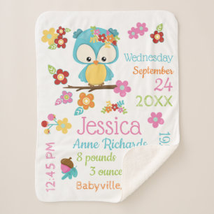 Cute Woodland Owl Baby Girl Birth Record Stats Sherpa Deken