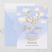 Cute Woodland Rabbit Floral Blue Sky Baby shower Kaart (Voorkant / Achterkant)