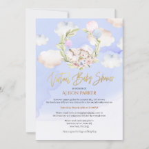 Cute Woodland Rabbit Floral Blue Virtual Shower