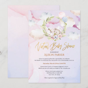 Cute Woodland Rabbit Floral Pink Virtual Shower Kaart