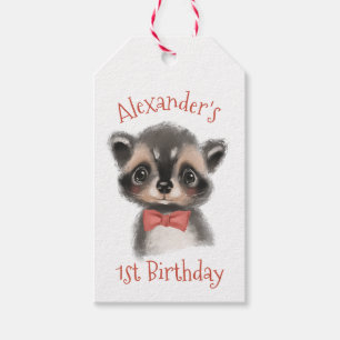 Cute Woodland Raccoon 1e verjaardag Cadeaulabel