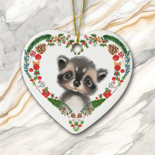 Cute Woodland Raccoon Heart Holiday Wreath Keramisch Ornament