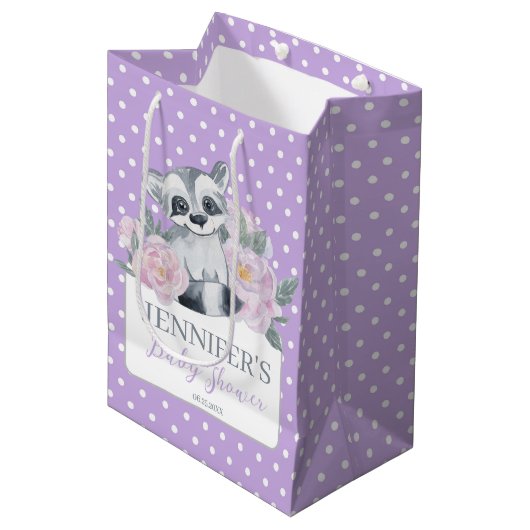 Cute Woodland Raccoon Paars Polkadot Baby shower Medium Cadeauzakje (Voorkant Gekanteld)