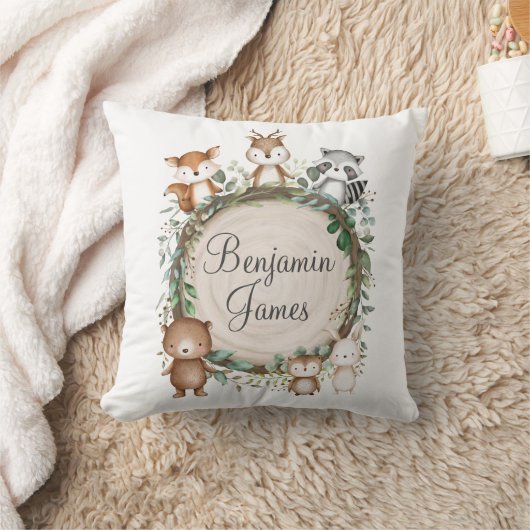 Cute Woodland Rustic Greenery Animals Birth Stats Kussen (Deken)