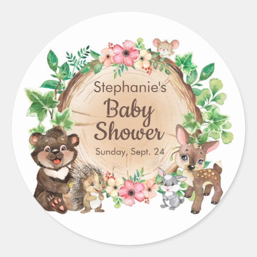 Cute Woodland Rustic Waterverf Animal Baby shower Ronde Sticker (Voorkant)