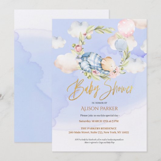 Cute Woodland Teddy Bear Boy Baby shower Kaart (Voorkant / Achterkant)