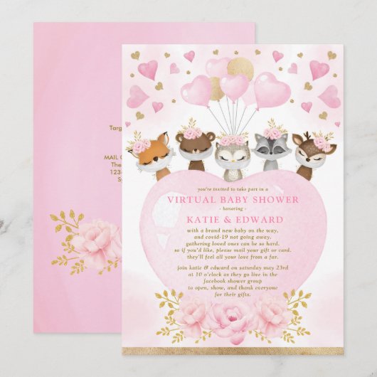Cute Woodland Valentijns  Girl Virtual Baby shower Kaart (Voorkant / Achterkant)