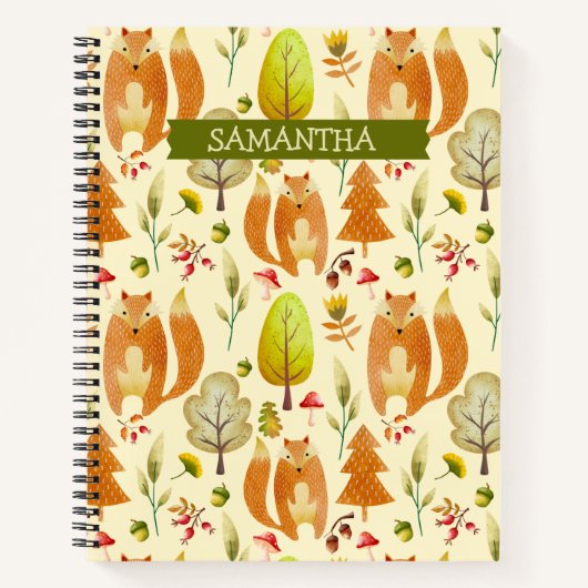 Cute Woodland Waterverf Fox Pattern Herfst Foliage Notitieboek (Voorkant)