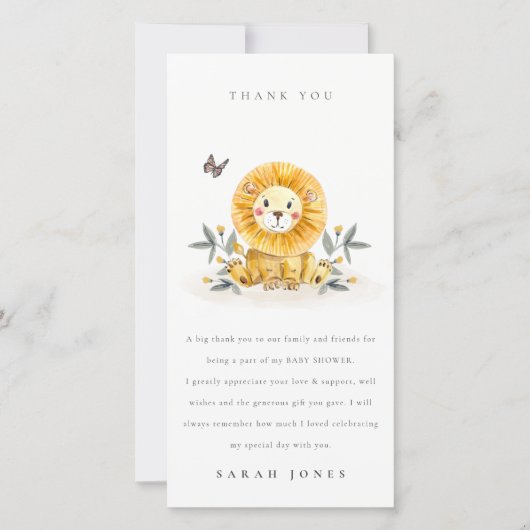 Cute Woodland Waterverf Lion Foliage Baby shower Bedankkaart (Voorkant)