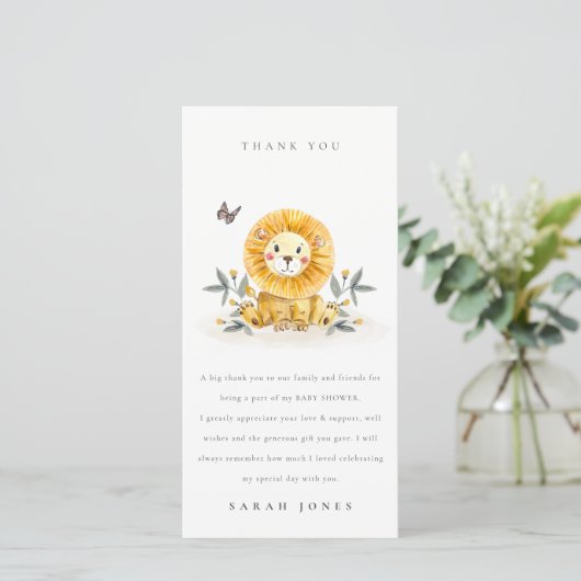 Cute Woodland Waterverf Lion Foliage Baby shower Bedankkaart (Staand voorkant)