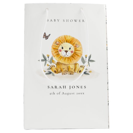 Cute Woodland Waterverf Lion Foliage Baby shower Medium Cadeauzakje (Voorkant)
