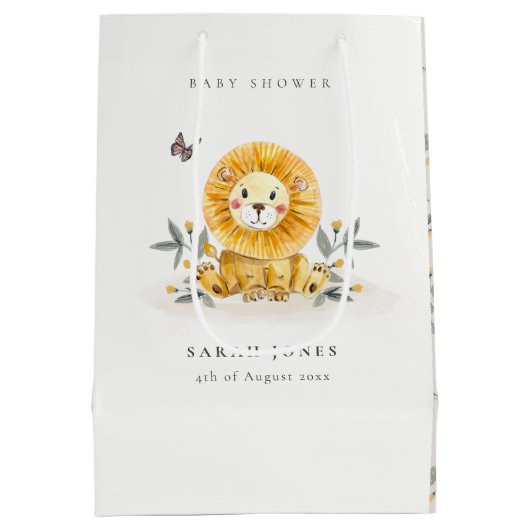 Cute Woodland Waterverf Lion Foliage Baby shower Medium Cadeauzakje (Achterkant)