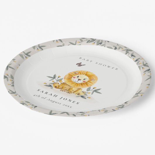 Cute Woodland Waterverf Lion Foliage Baby shower Papieren Bordje (Gekanteld)
