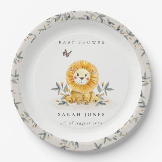 Cute Woodland Waterverf Lion Foliage Baby shower Papieren Bordje (Voorkant)