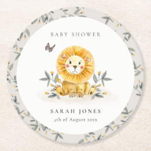 Cute Woodland Waterverf Lion Foliage Baby shower Ronde Kartonnen Onderzetter