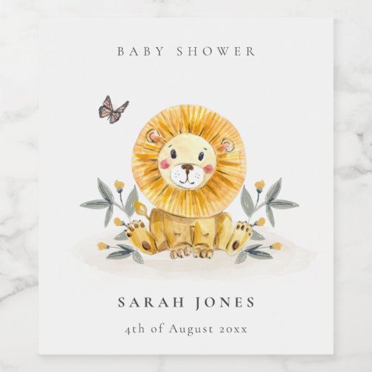 Cute Woodland Waterverf Lion Foliage Baby shower Wijn Etiket (Enkel label)