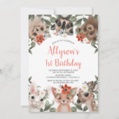 Cute woodlanddieren meisjes 1e verjaardag kaart (Voorkant)