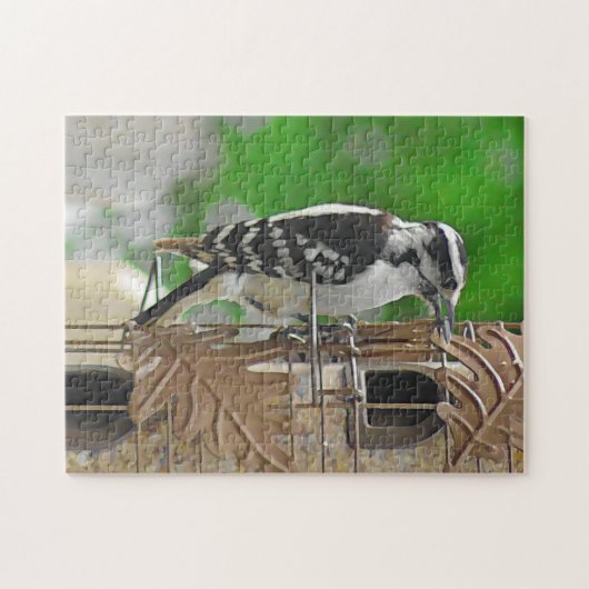 Cute Woodpecker in Birdfeeder Legpuzzel (Horizontaal)
