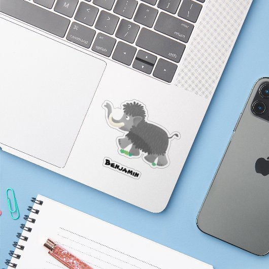 Cute wooly mammoth cartoon-illustratie sticker (Laptop met iPhone)