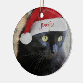 Cute Xmas Cat, red back, gepersonaliseerde naam/ja Keramisch Ornament (Links)