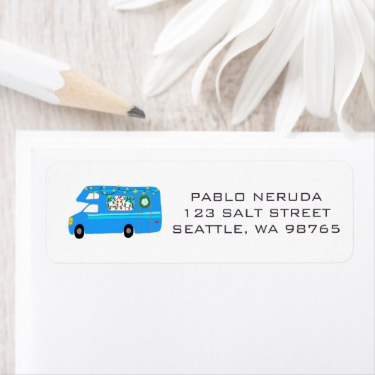 Cute Xmas RV Motorhome Blue CUSTOE Mailing Label (Insitu)