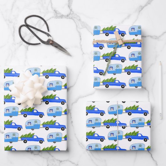 Cute Xmas Trailers RVs Trucks Blue Christmas Inpakpapier Vel (Voorkant)