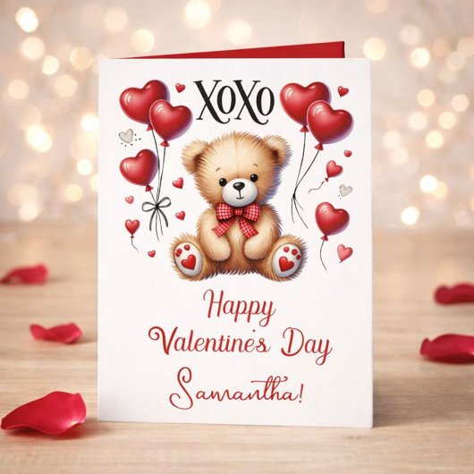 Cute XOXO Bear with Heart Balloons Feestdagen Kaart