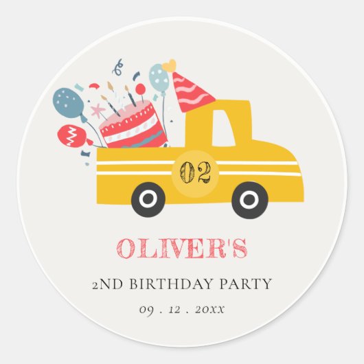 Cute Yellow Any Age Birthday Party Cake Truck Ronde Sticker (Voorkant)