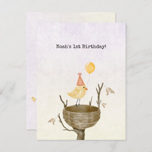 Cute Yellow Baby Bird With Balloon Invitation Brie Briefkaart (Voorkant / Achterkant)