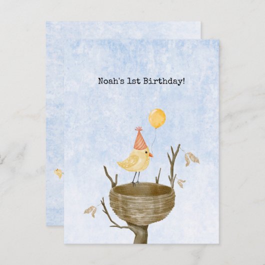 Cute Yellow Baby Bird With Balloon Invitation Briefkaart (Voorkant / Achterkant)