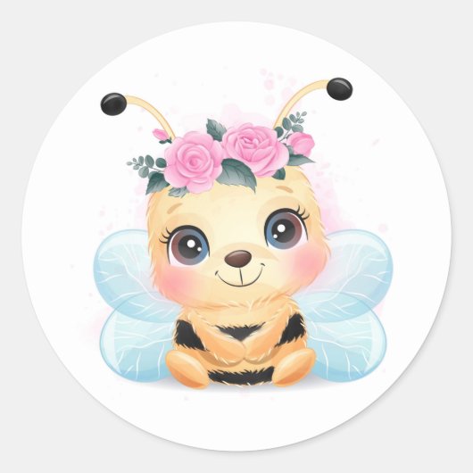 Cute Yellow Baby Bumble bee roze rozen Ronde Sticker (Voorkant)
