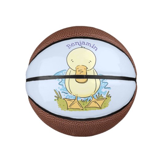 Cute yellow baby ducking cartoon illustratie basketbal (Voorkant)