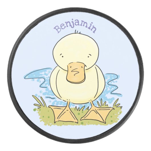Cute yellow baby ducking cartoon illustratie hockey puck (Voorkant)