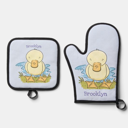 Cute yellow baby ducking cartoon illustratie ovenwant & pannenlap set (Voorkant)
