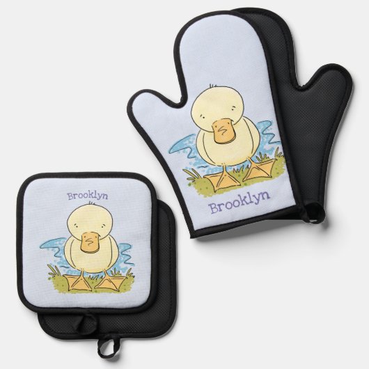 Cute yellow baby ducking cartoon illustratie ovenwant & pannenlap set (Voorkant / Achterkant)