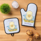 Cute yellow baby ducking cartoon illustratie ovenwant & pannenlap set (Top down)